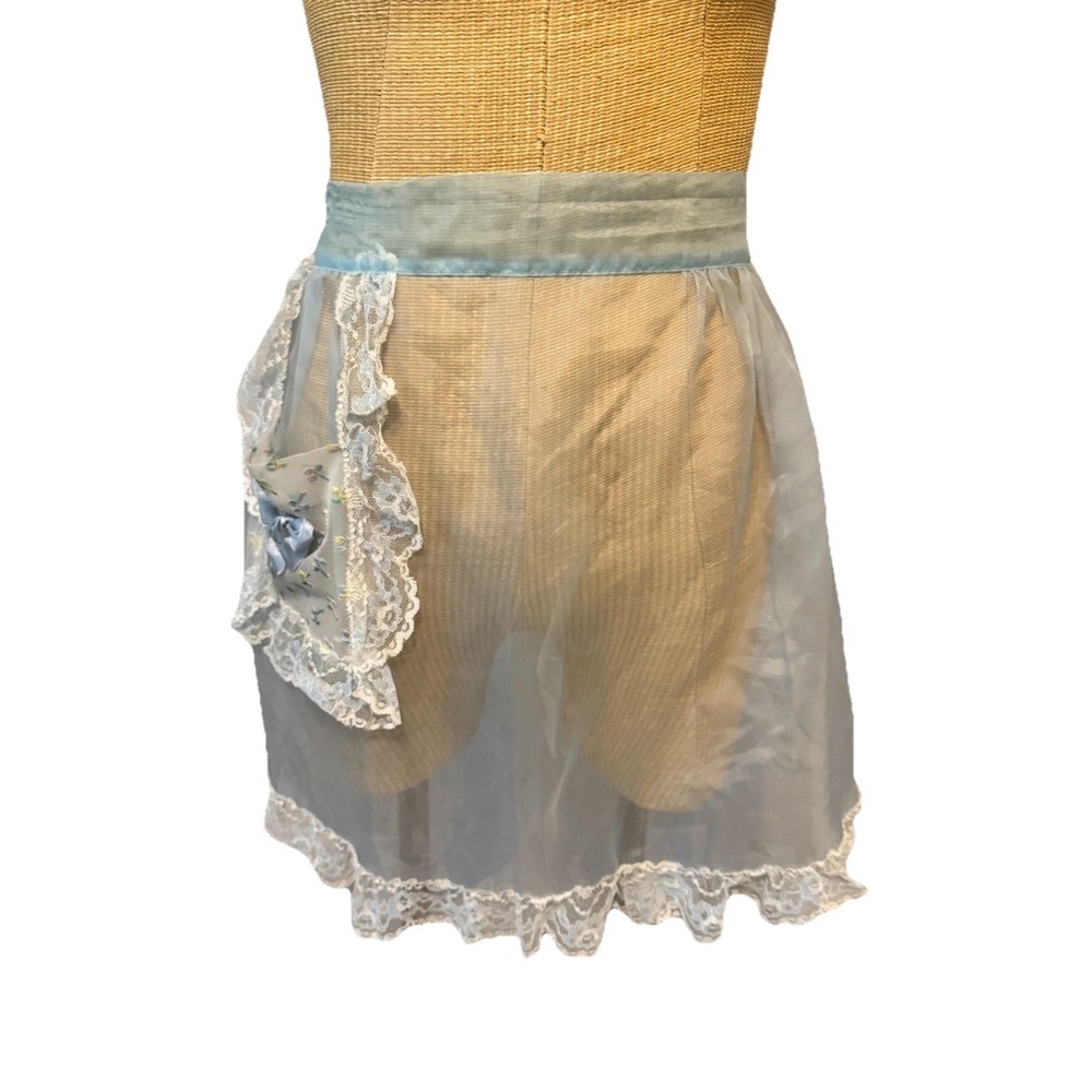 VTG Hostess Apron - Sheer Baby Blue‎ Aqua  White Lace Trim Embroidered Flowers